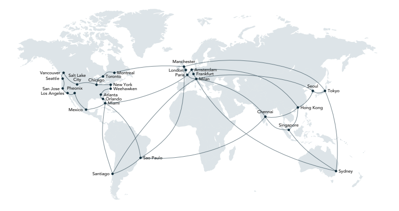 Locations of data centers across the globe including major business hubs like London, New York, Texas and Tokyo  